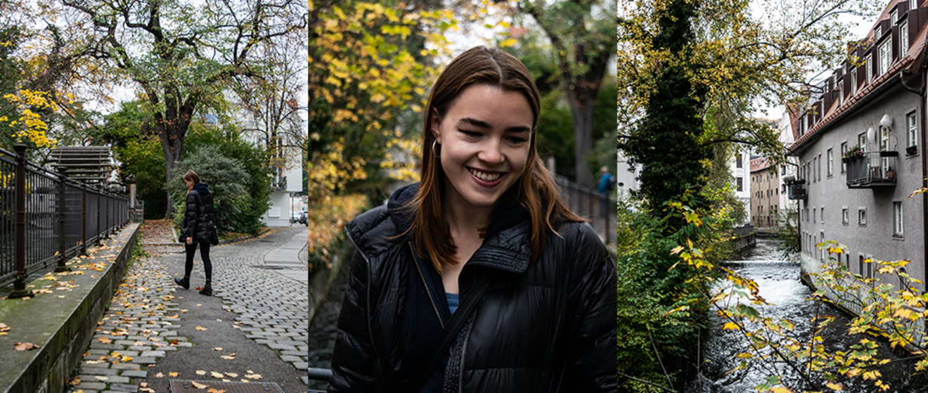 Verschiedene Herbstszenen in Augsburg mit Verena Kandler in einer schwarzen Pufferjacke.