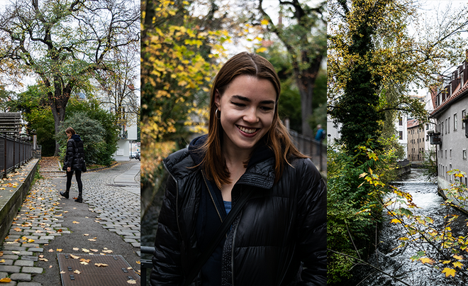 Verschiedene Herbstszenen in Augsburg mit Verena Kandler in einer schwarzen Pufferjacke.