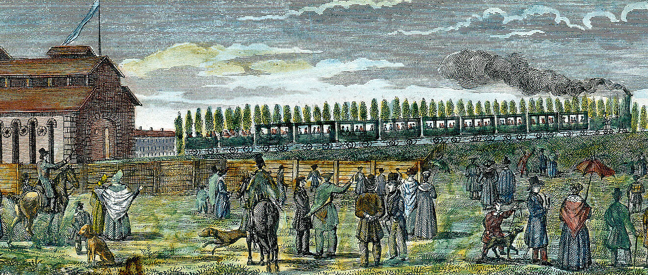 Historisches Gemälde einer Bahn auf Schienen.