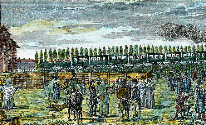 Historisches Gemälde einer Bahn auf Schienen.