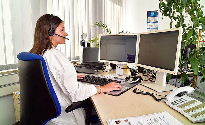 Eine junge Frau sitzt am Schreibtisch vor einem Computerbildschirm. Sie trägt ein Headset. Zudem sind Blätter einer Büropflanze zu sehen.