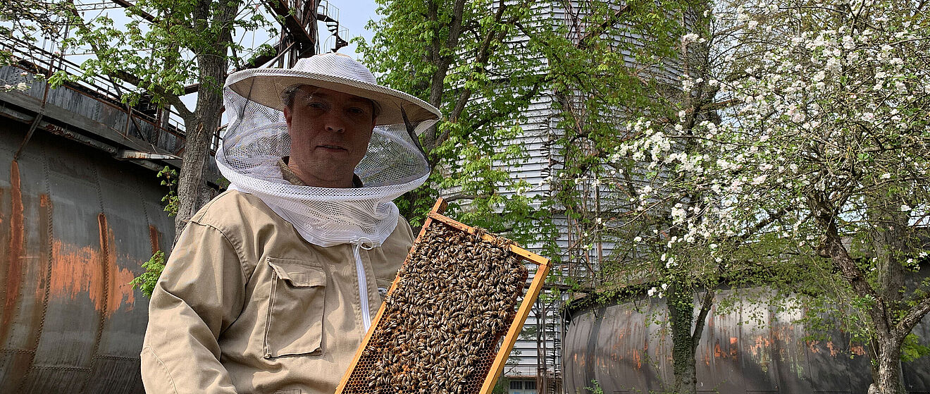 Imker mit Bienenwabe vor dem Gaswerk. Weiterverlinkung auf neue Bewohner fürs Gaswerksgelände Newsartikel