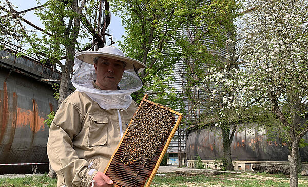 Imker mit Bienenwabe vor dem Gaswerk. Weiterverlinkung auf neue Bewohner fürs Gaswerksgelände Newsartikel