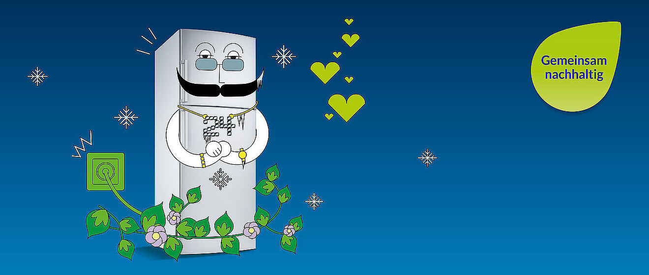 Ein Kühlschrank mit einem Schnurrbart, Schmuck und einer Brille über den Augen. Währenddessen ist er an einer Steckdose angesteckt. Mit dem Text "Positive Energie, die frisch hält. swa Strom Fest24 natur"