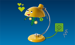 Gelbe Lampe mit Smiley Gesicht rechts daneben ist eine grüne Steckdose