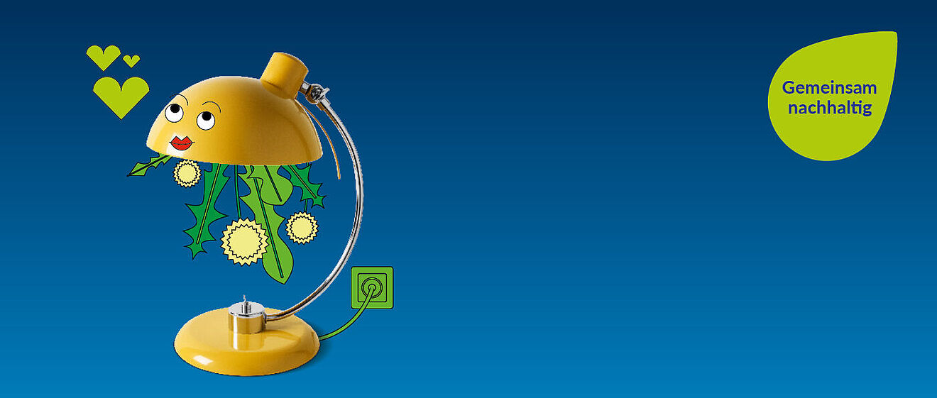 Eine Lampe mit Gesicht ist an eine Steckdose angesteckt.