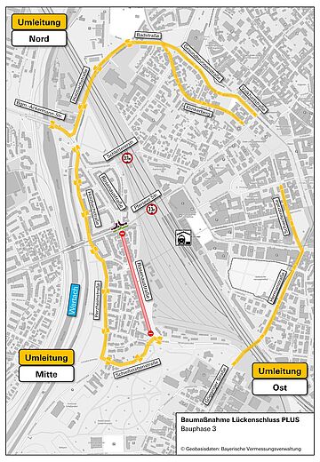 Der Kartenausschnitt zeigt Umleitungen für die Bauarbeiten in der Rosenaustraße Süd.