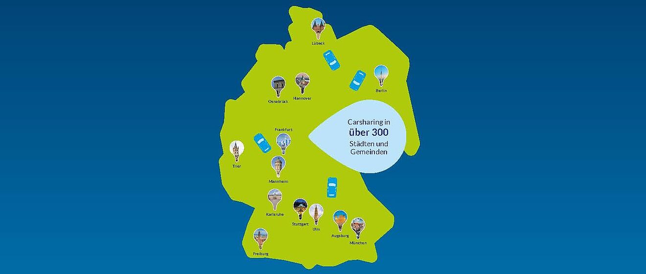 Deutschlandskizze mit Daten zum Carsharing, Weiterleitung zu Carsharing Deutschlandweit
