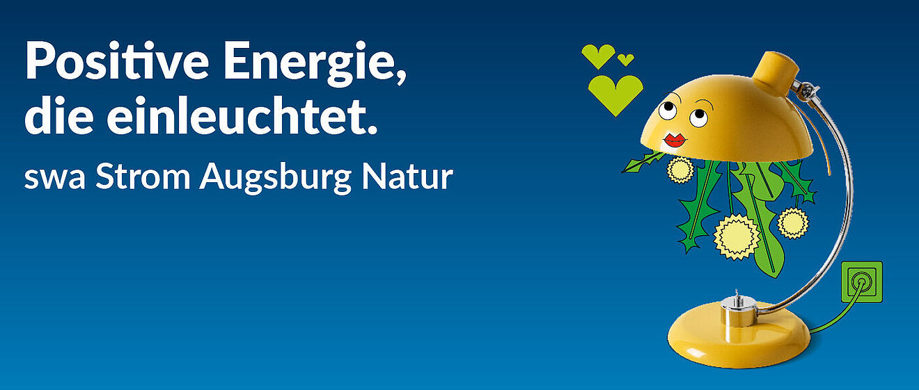 Eine Lampe mit Mund und Augen ist an eine Steckdose angesteckt. Aus ihr kommen Blätter. Zudem wird der swa Strom Augsburg natur Tarif beworben