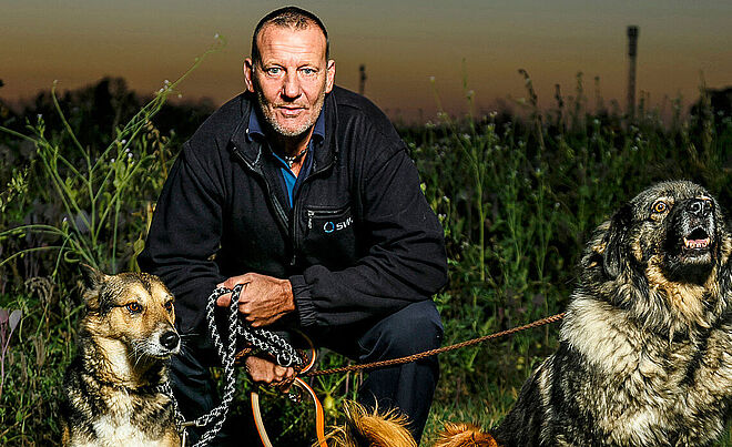 Ein Mann in der Hocke hält auf einer Wiese zwei angeleinte Hunde links und rechts.