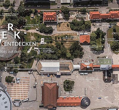 Luftaufnahme der Gaswerke, mit Beschriftung der einzelnen Gebäuden.