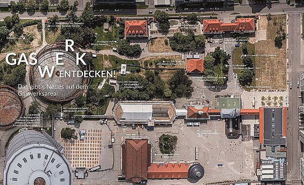 Luftaufnahme der Gaswerke, mit Beschriftung der einzelnen Gebäuden.