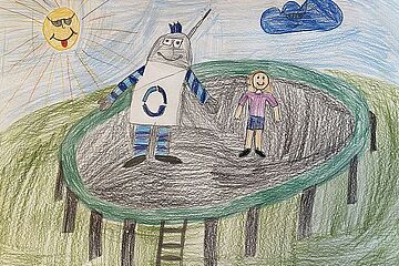 Kinderzeichnung von swa Maskottchen Oswald, welcher zusammen mit einem Mädchen Trampolin springt. Ein Klick führt zur Vergrößerung des Bildes.