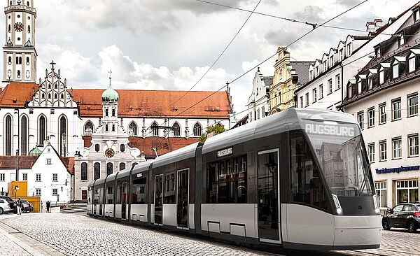 Die neue Tram fährt durch Augsburg