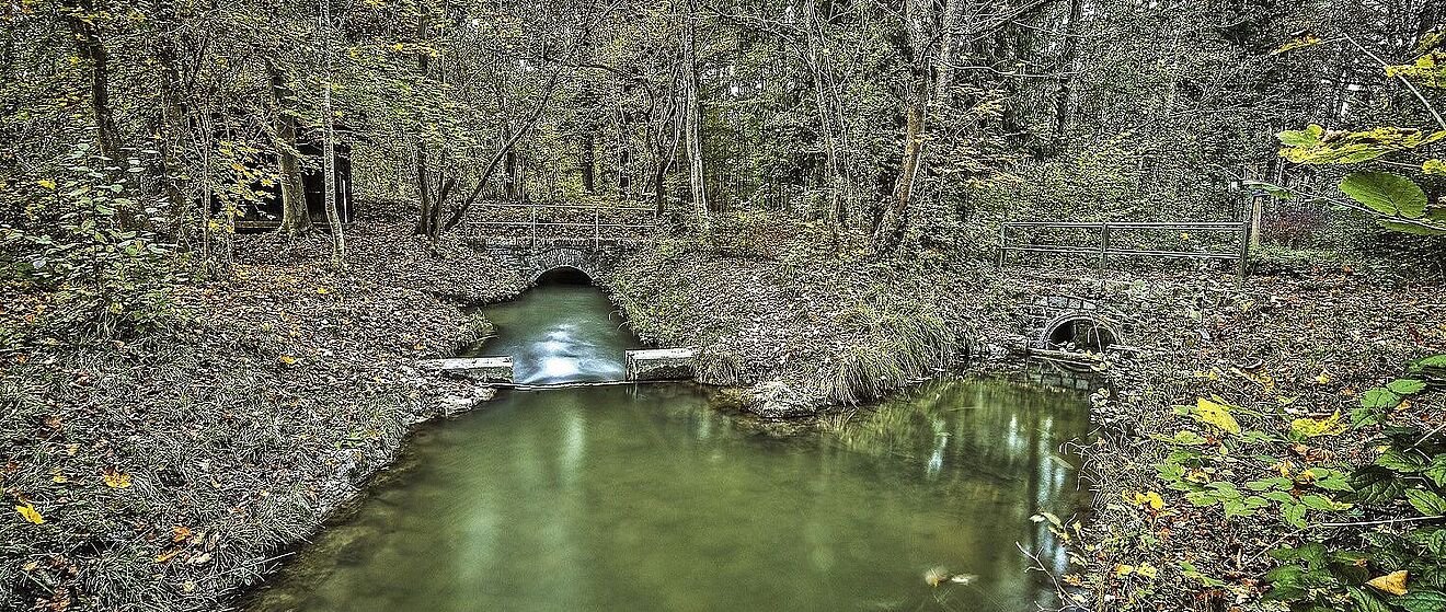 Idyllische, im Wald gelegene Wasserkreuzung, in welche Mauerreste hineinragen. Im Hintergrund befinden sich zudem zwei Brücken über den Wasserläufen.