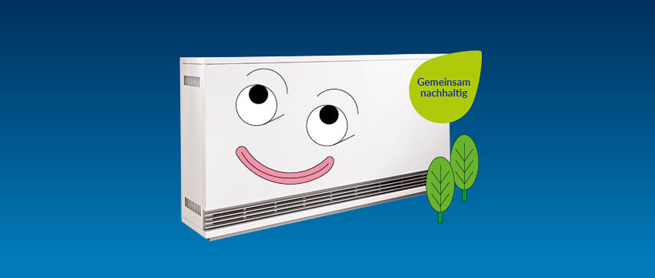 Ein grinsender Heizkörper mit Mund und Augen. Neben ihm sind zwei Blätter, Link zum öffnen des Pop-Ups für Informationen zum swa Strom Basis Wärme Tarif