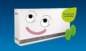 Ein grinsender Heizkörper mit Mund und Augen. Neben ihm sind zwei Blätter, Link zum öffnen des Pop-Ups für Informationen zum swa Strom Basis Wärme Tarif