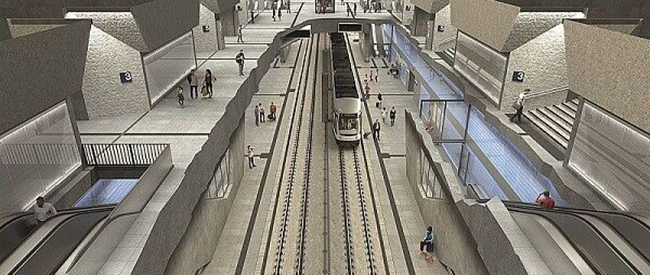 Untergrundstraßenbahnstattion. Link zu einem Pop-Up mit Infos zu Projekten der öffentlichen Hand