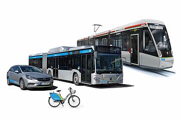 Swabi, Swaxi, Bus und Straßenbahn stehen im neuen Design nebeneinander - Ein Klick auf das Bild führt zur vergrößerten Fotoansicht.
