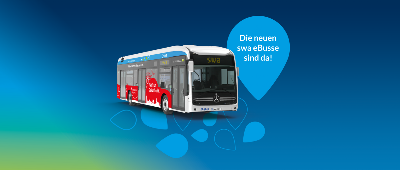 neuer swa eBus mit Sponsorenbeklebung. Hinweis, dass die neuen swa eBusse da sind