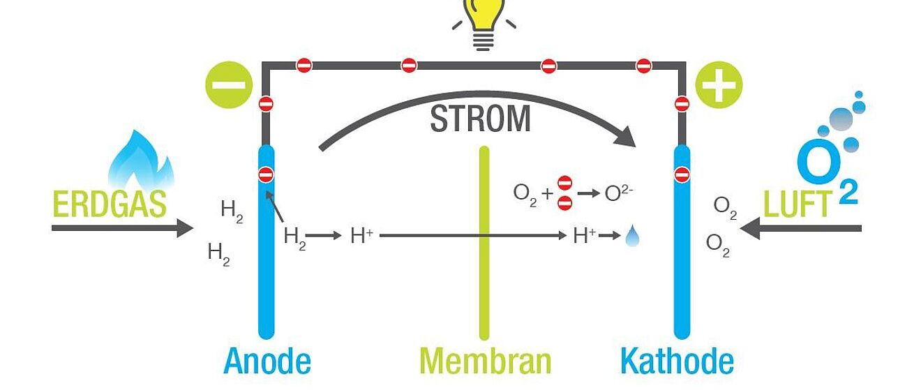 Grafische Darstellung der Funktionsweise einer Brennstoffzelle mit chemischen Formeln.