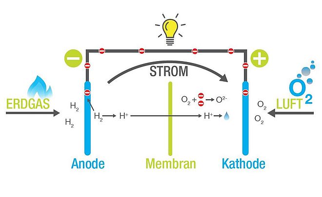 Grafische Darstellung der Funktionsweise einer Brennstoffzelle mit chemischen Formeln.