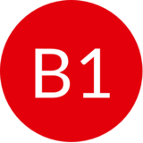 Weiße B1 auf roten Hintergrund. Weiterverlinkung zur PDF mit Linienfahrplan der Linie B1