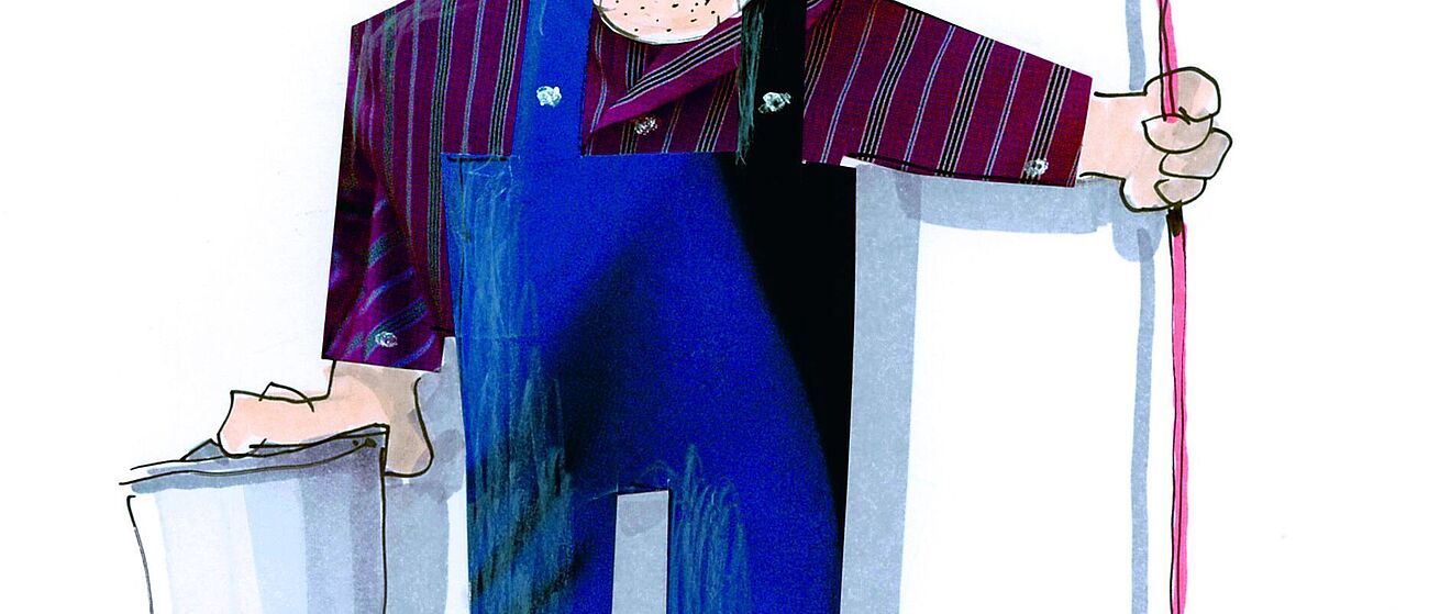 Comicdarstellung eines Hausmeisters, der neben einer Tonne steht und einen Besen in der Hand hält.