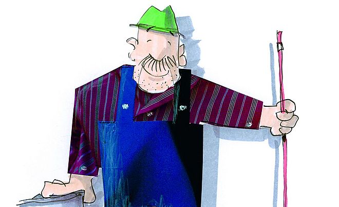 Comicdarstellung eines Hausmeisters, der neben einer Tonne steht und einen Besen in der Hand hält.