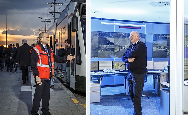 Links ein Mann in Warnweste an einem Bahnsteig, im Hintergrund ist eine Tram zu sehen. Im Gegenüber ist ein Mann in einer Leitstelle, im Hintergrund sieht man mehrere Bildschirme. Beide schauen sich an.