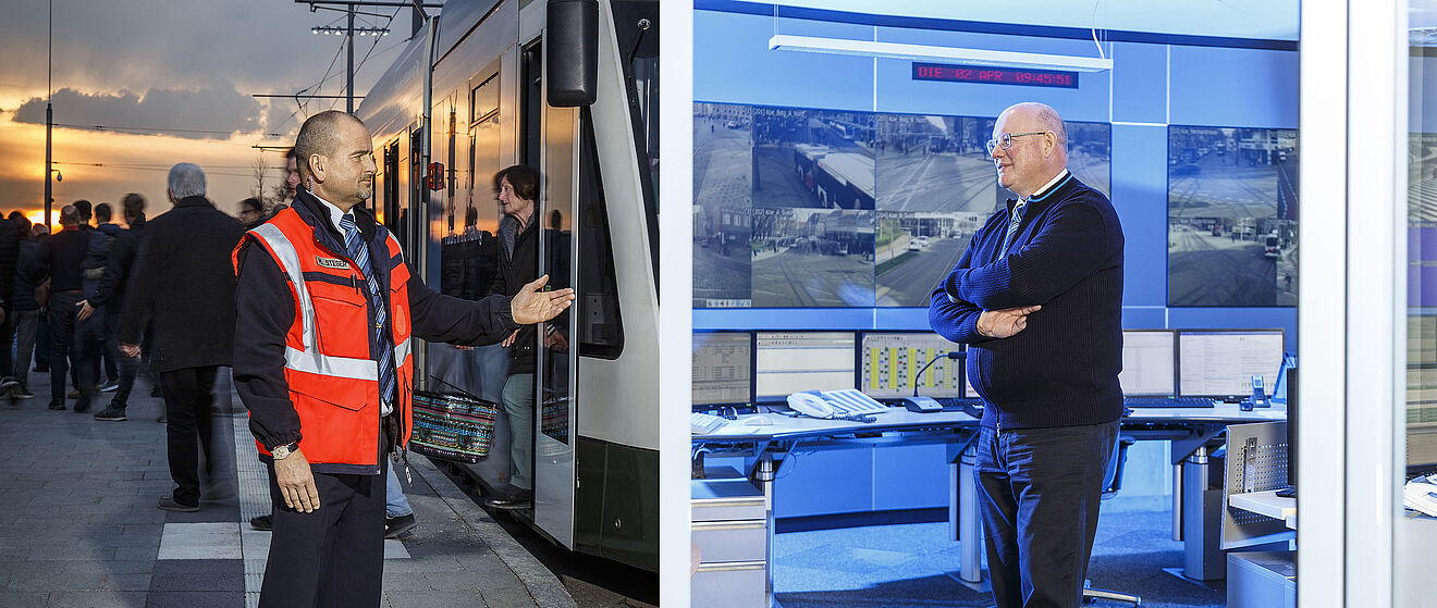 Links ein Mann in Warnweste an einem Bahnsteig, im Hintergrund ist eine Tram zu sehen. Im Gegenüber ist ein Mann in einer Leitstelle, im Hintergrund sieht man mehrere Bildschirme. Beide schauen sich an.