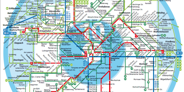 Vorschaubild des Tarifzonenplanes im Augsburger Innenraum mit den Bus- und Tram Linien