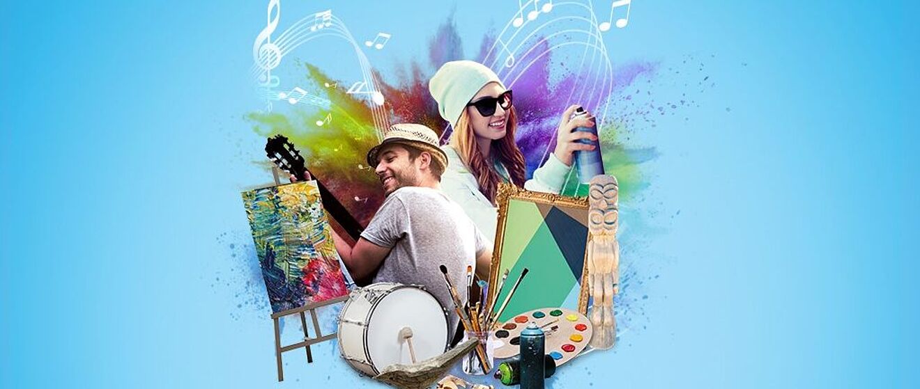 Darstellung von Künstlern bei verschiedenen kreativen Tätigkeiten, darunter Malerei, Musik und Graffiti.