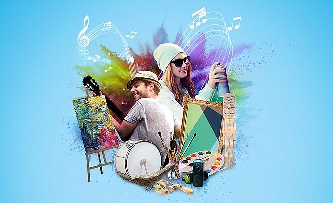 Darstellung von Künstlern bei verschiedenen kreativen Tätigkeiten, darunter Malerei, Musik und Graffiti.