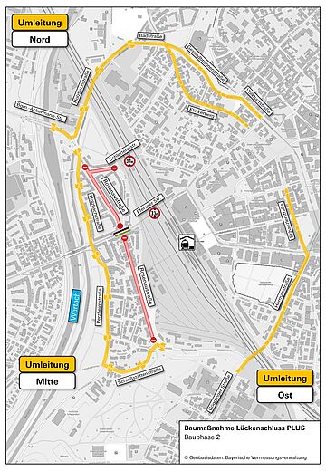 Der Kartenausschnitt zeigt Umleitungen für die Bauarbeiten in der Rosenaustraße Nord.