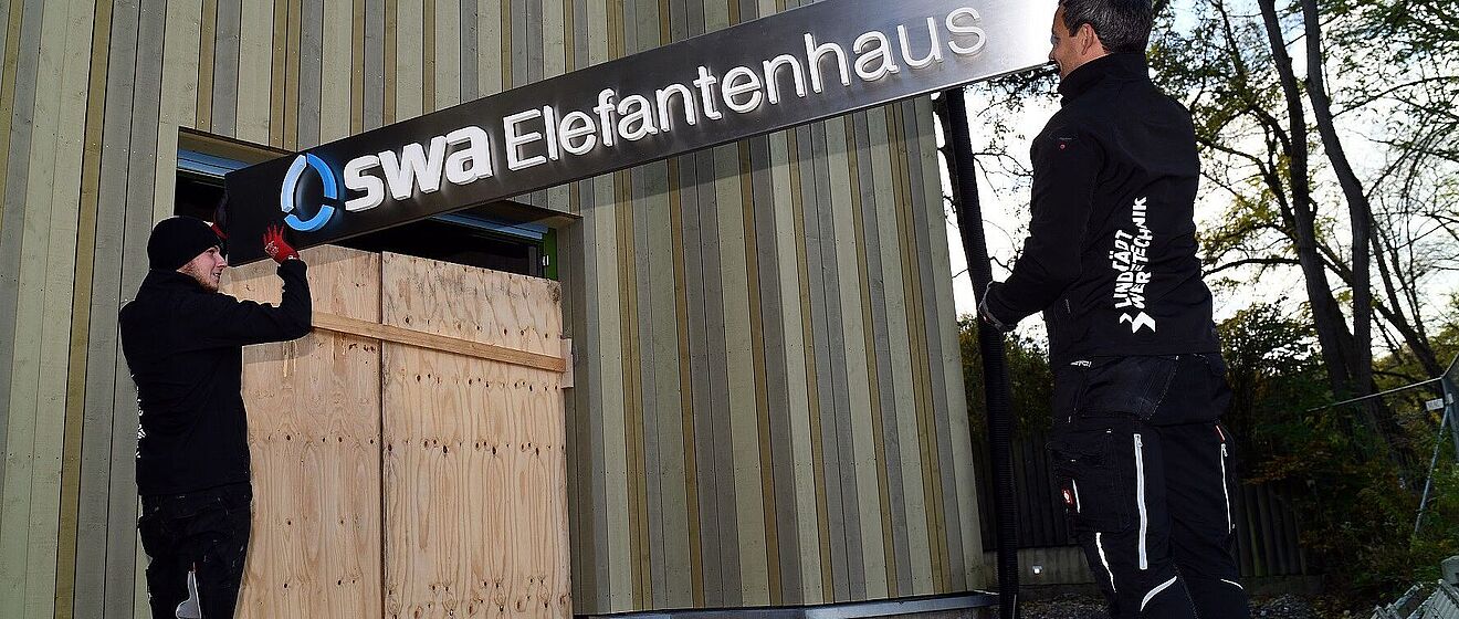 Montage eines Schilds am neuen swa Elefantenhaus im Zoo Augsburg. Zwei Monteure in Arbeitskleidung, installieren das Schild mit der Aufschrift "swa Elefantenhaus".