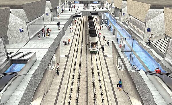 Untergrundhaltestelle im Augsburger Hauptbahnhof. Weiterverlinkung auf Projekt Augsburg City