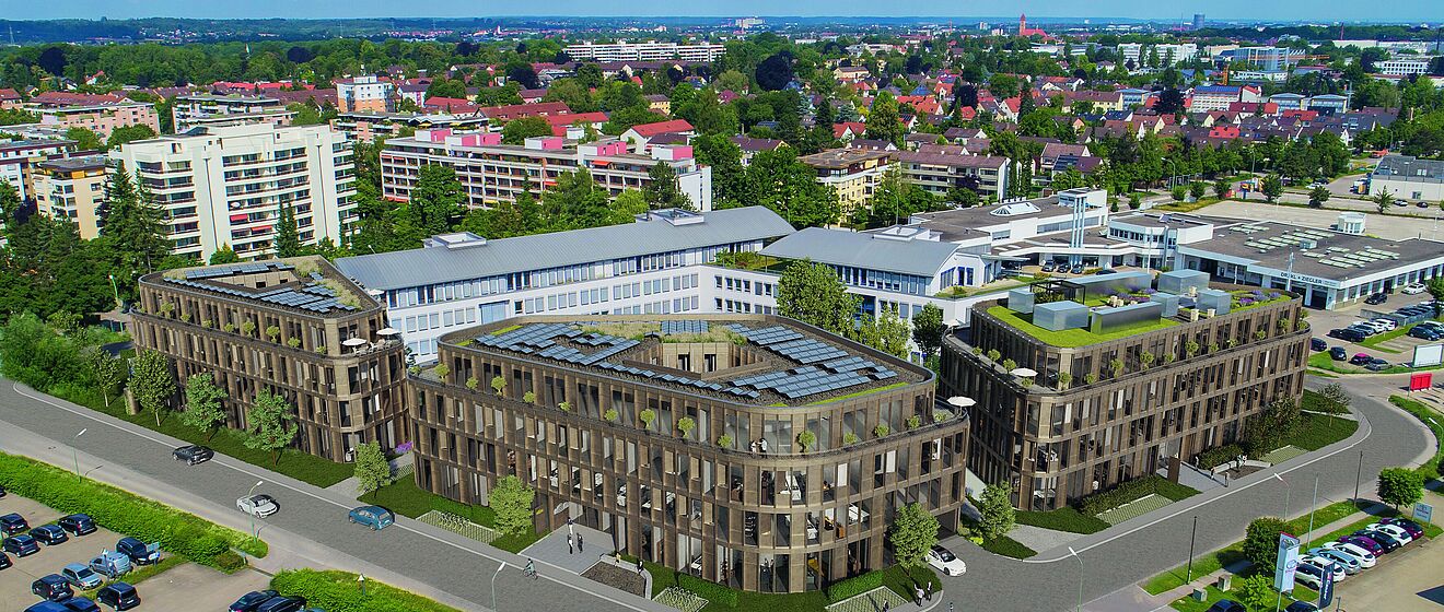 Vogelperspektive des Bürogebäudes Augsburg Offices LOFTS in Augsburg-Göggingen. Auf den Dächern sind Photovoltaikanlagen