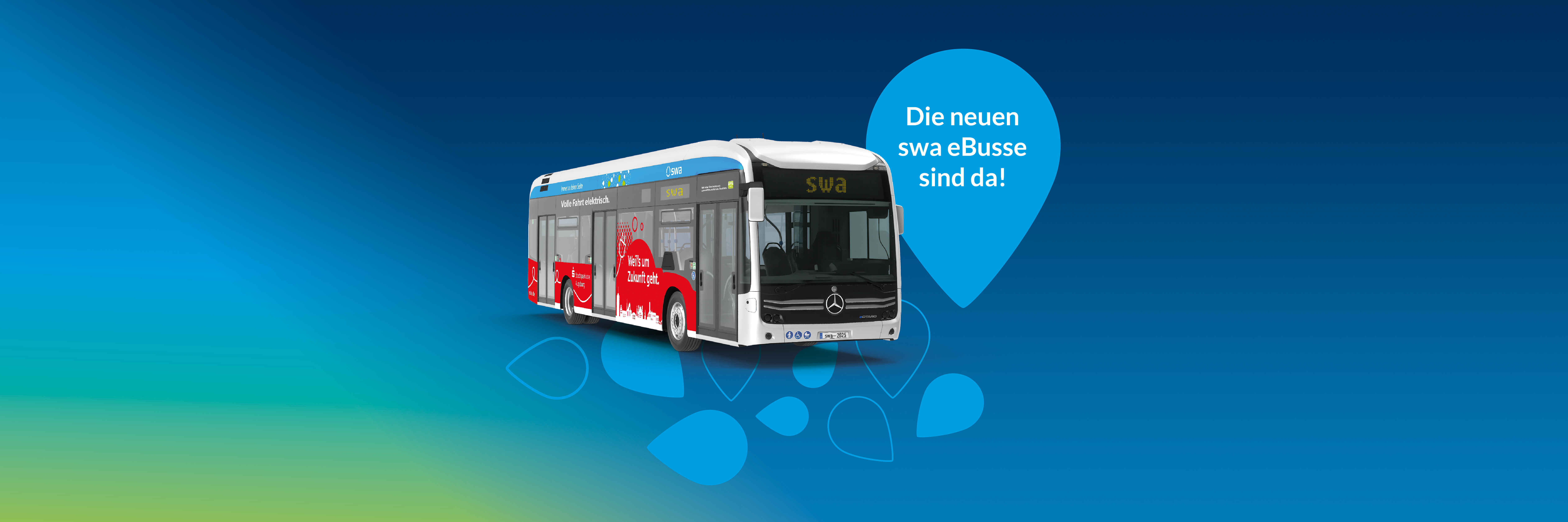 neuer swa eBus mit Sponsorenbeklebung. Hinweis, dass die neuen swa eBusse da sind